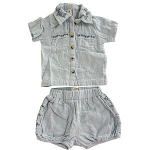 Kate Quinn Blue Embroidered Button Down Shirt & Shorts Outfit Set Size 6-12 Mont